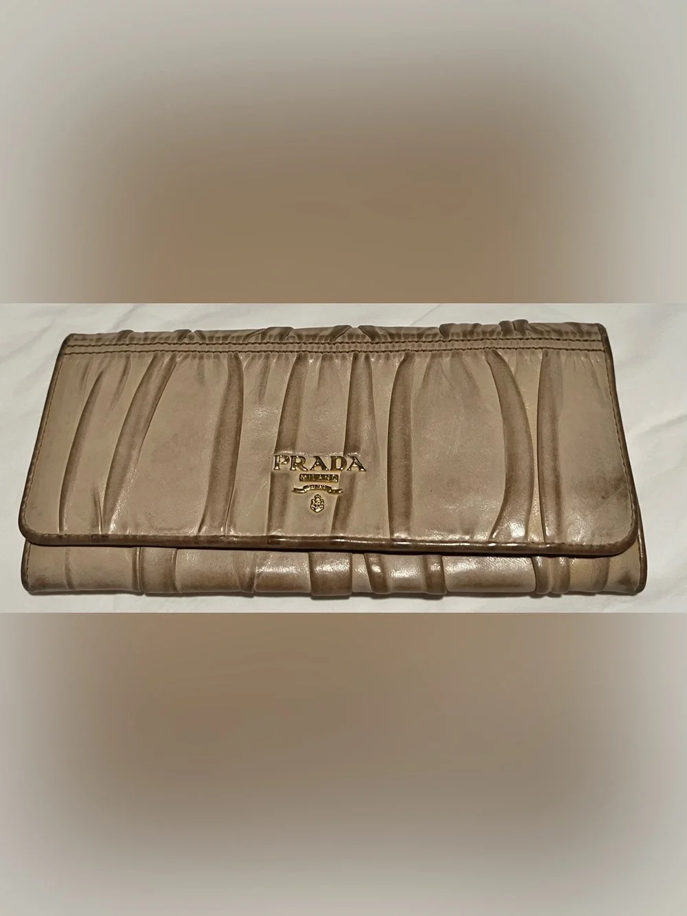 Prada Metallic Beige Ruched Leather Wallet with Gold Logo